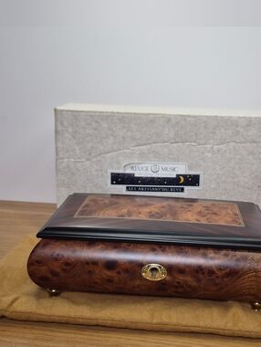 NOS Reuge Swiss Music Box Plays Unforgettable Tune- Burl Wood - NIB Gorgeous